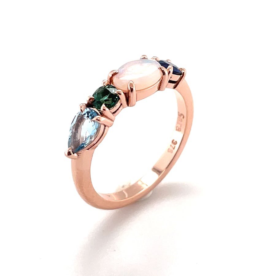 Aquamarine, tourmaline, opal, sapphire bespoke gold ring