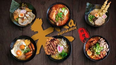 Six different ramen dishes on a wooden table.
