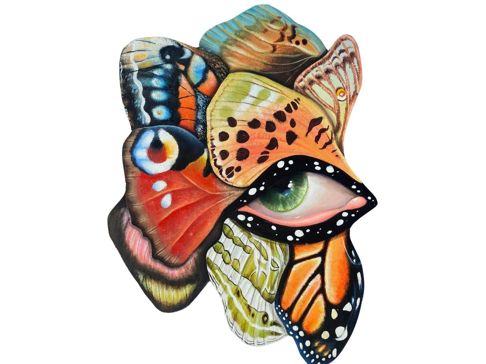 Green human eye surrounded by various colourful butterfly drawingswings