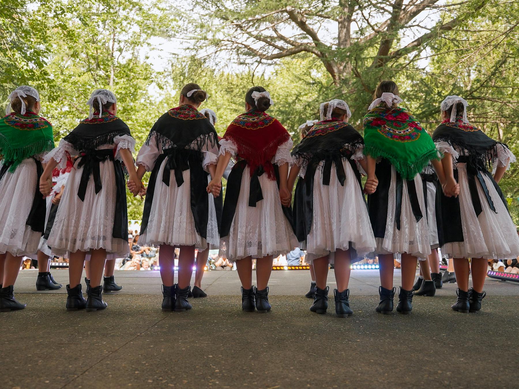 A line of dancers holding hands about to take a bow