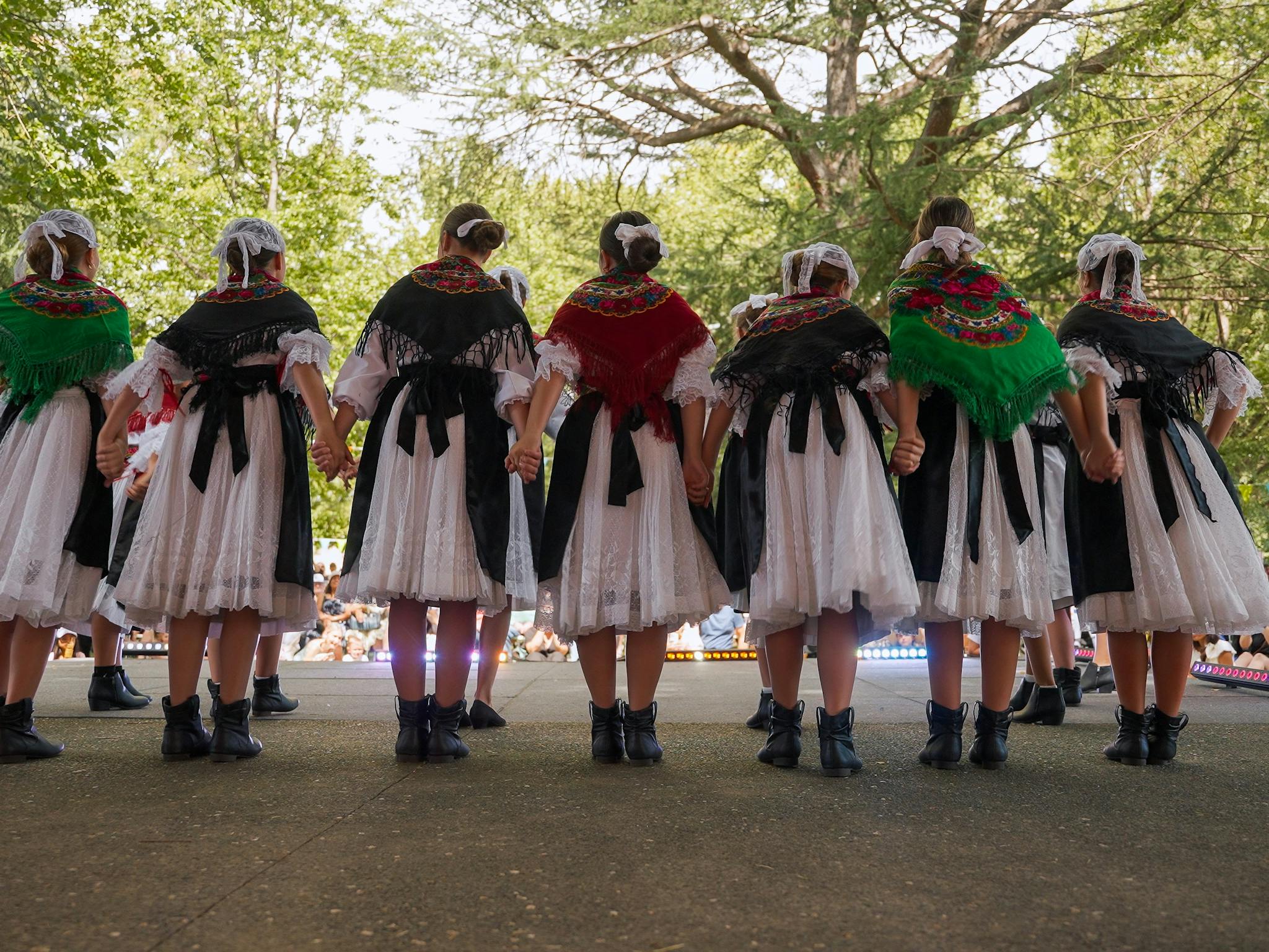A line of dancers holding hands about to take a bow
