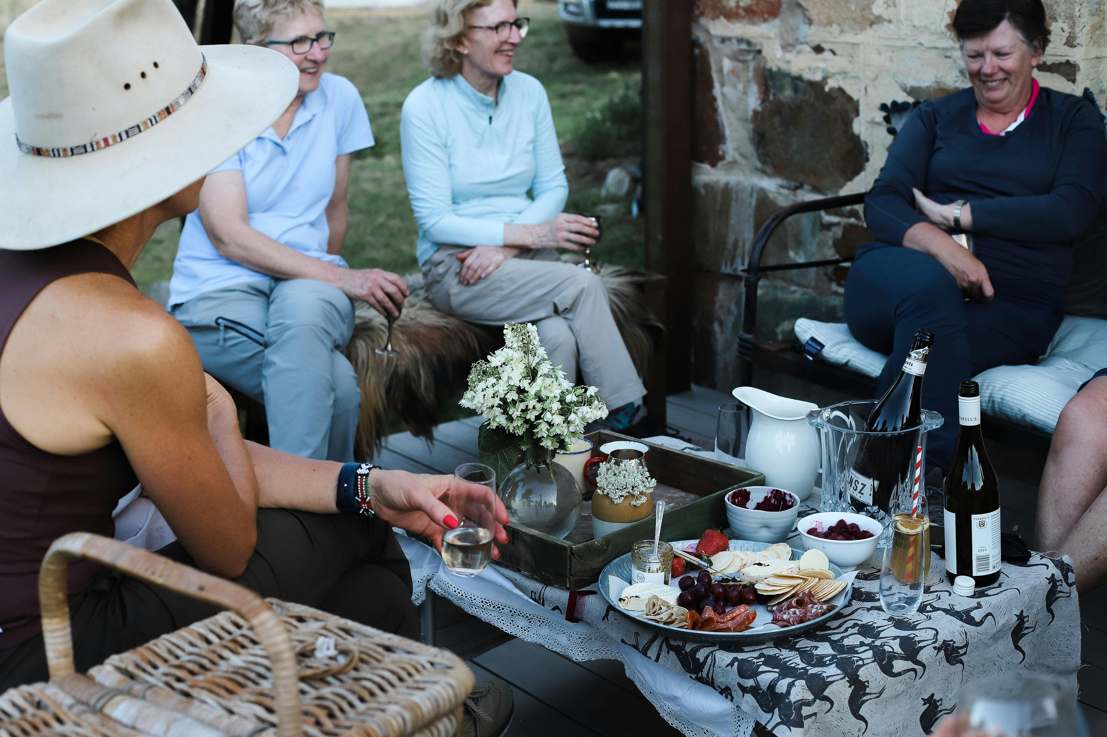 Relaxing after a hike at happy hour on the deck