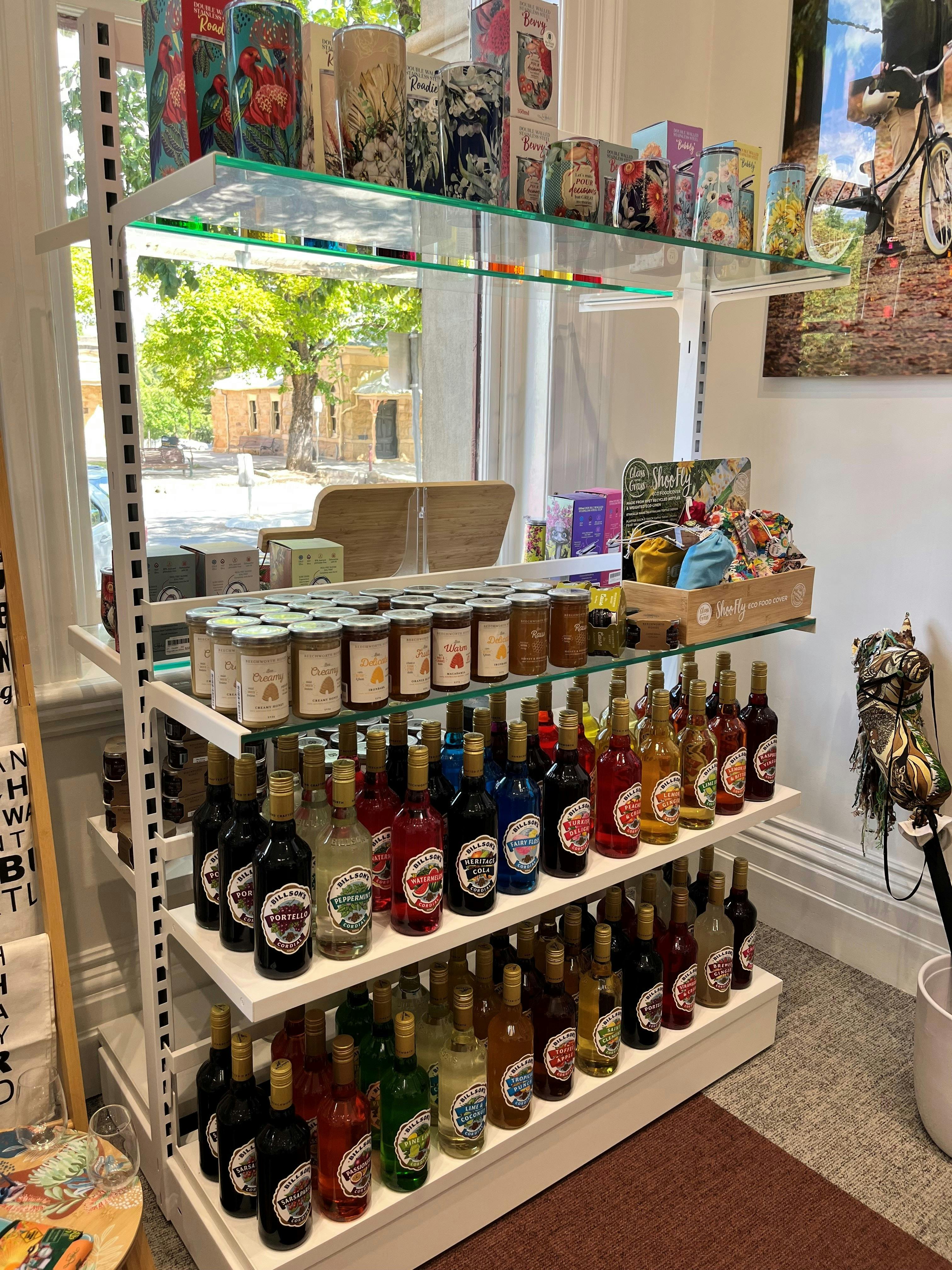 A colourful line up of Billson's cordials and Beechworth Honey