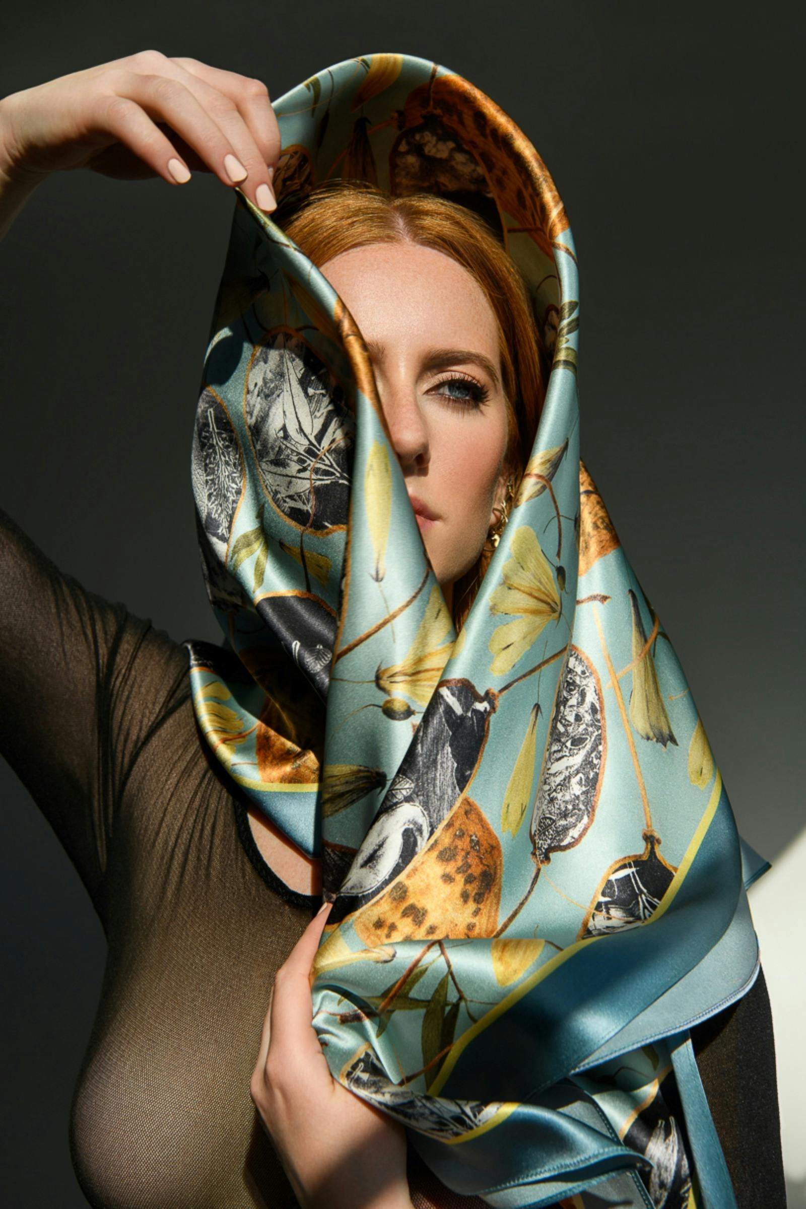 Deborah WACE silk satin scarf featuring exquisite Tasmanian Blue Seed Pod Flora design.