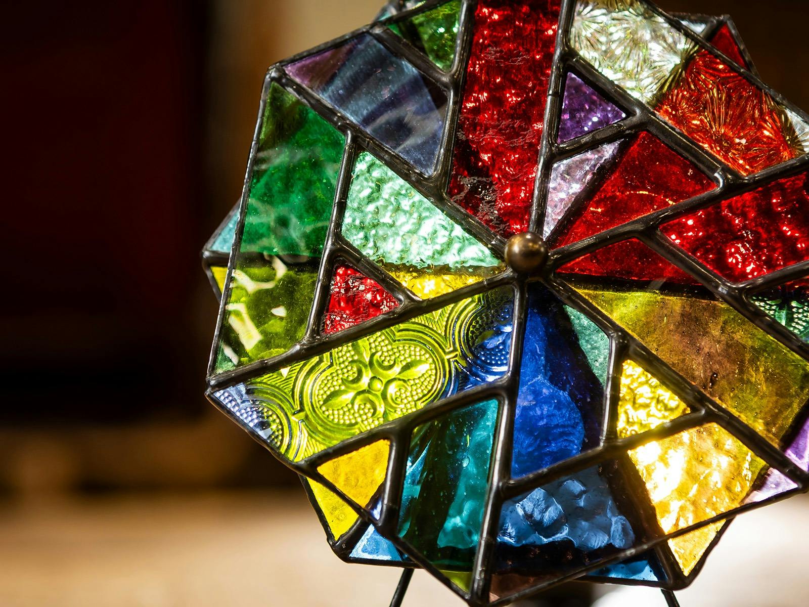 Geometric styled glass art, multicoloured. Geometric styled glass art, multicoloured.