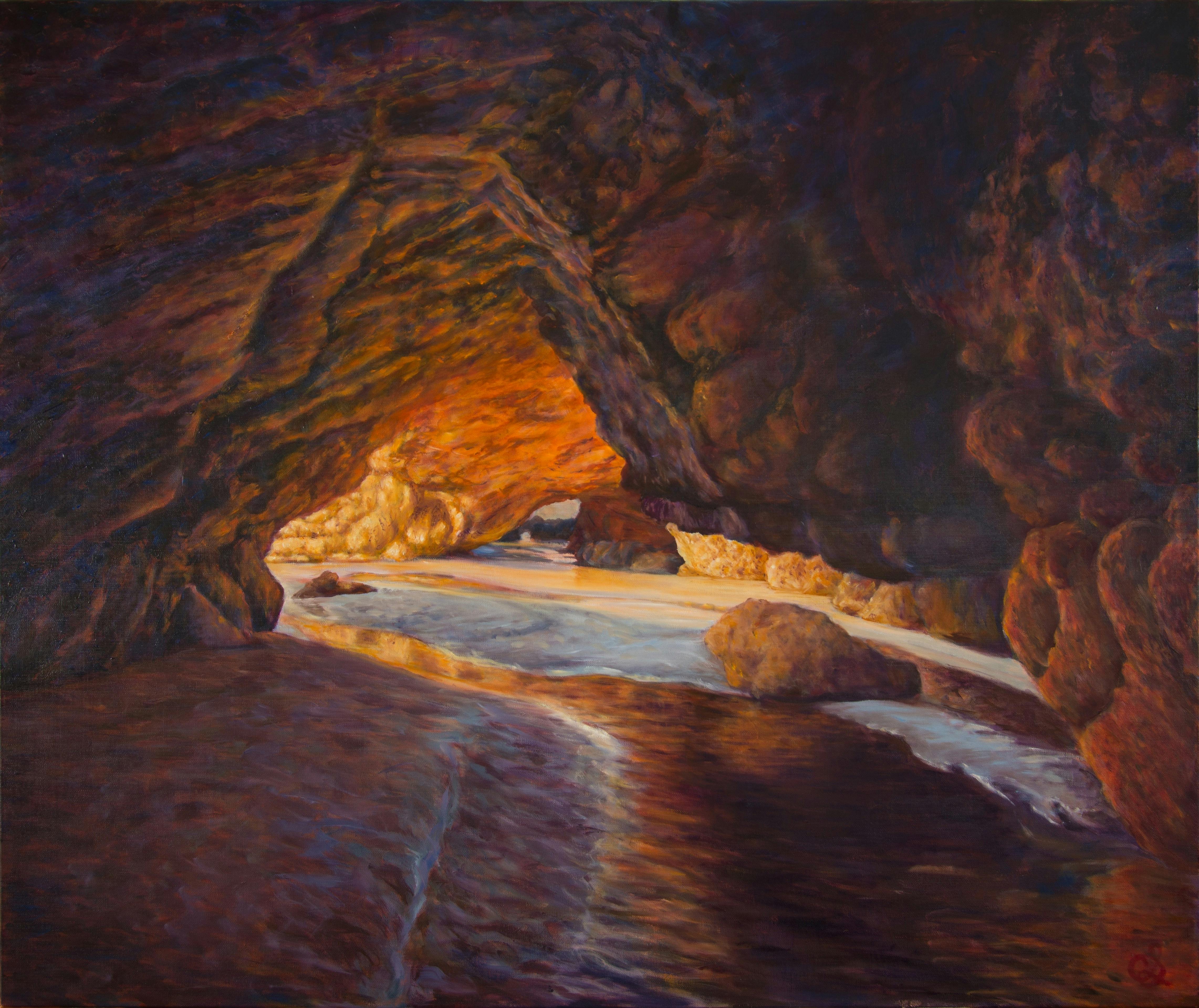 painting of creek flowing through a cave towards the exit
