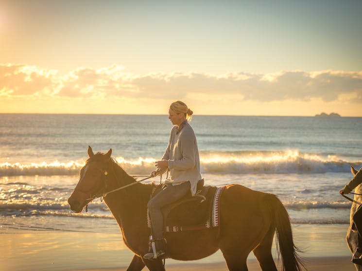 Lady riding horse on the beach