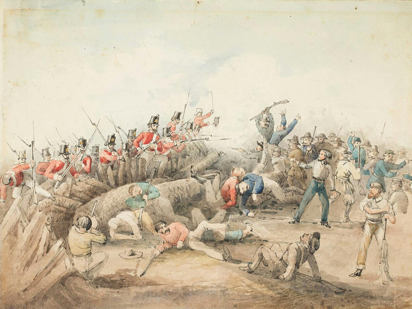 Storming of the Eureak Stokade - Watercolour of the Stockade Riot , 1854 by John Black  Henderson