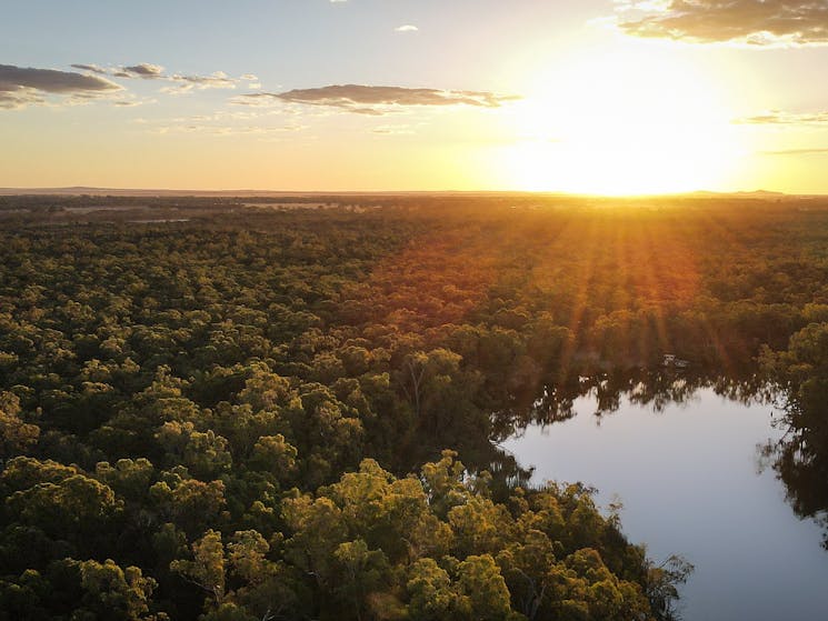 drone image of the murray river at sunset