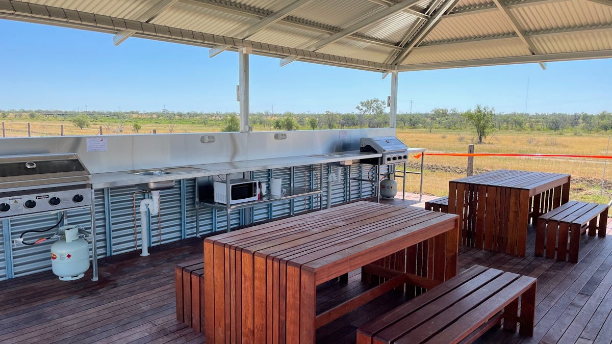 Two BBQs, Two dinign tables and two sinks. Microwave and kettle available