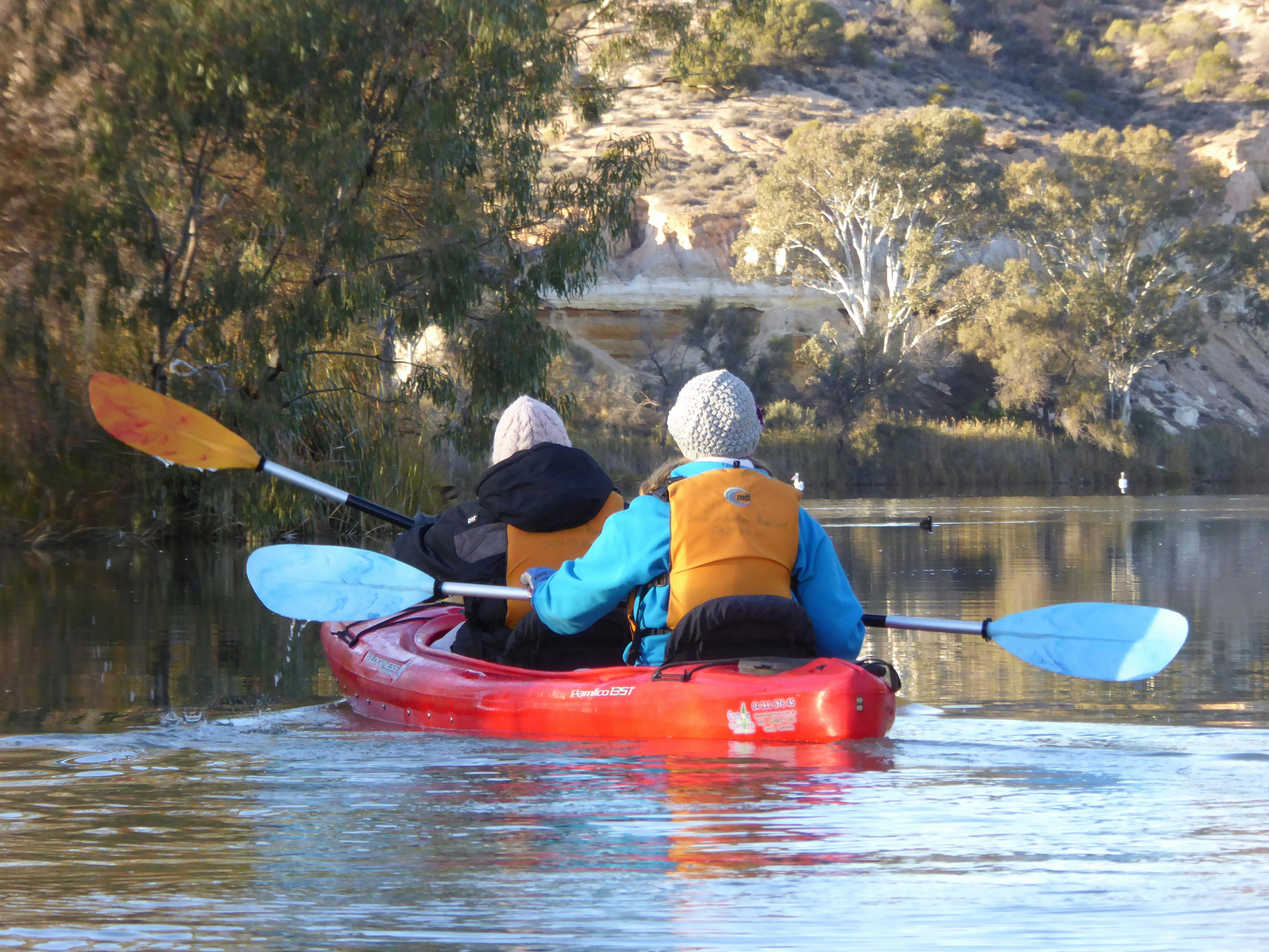 Kayakers paddle towards wooded cliffs, on the Murray River.