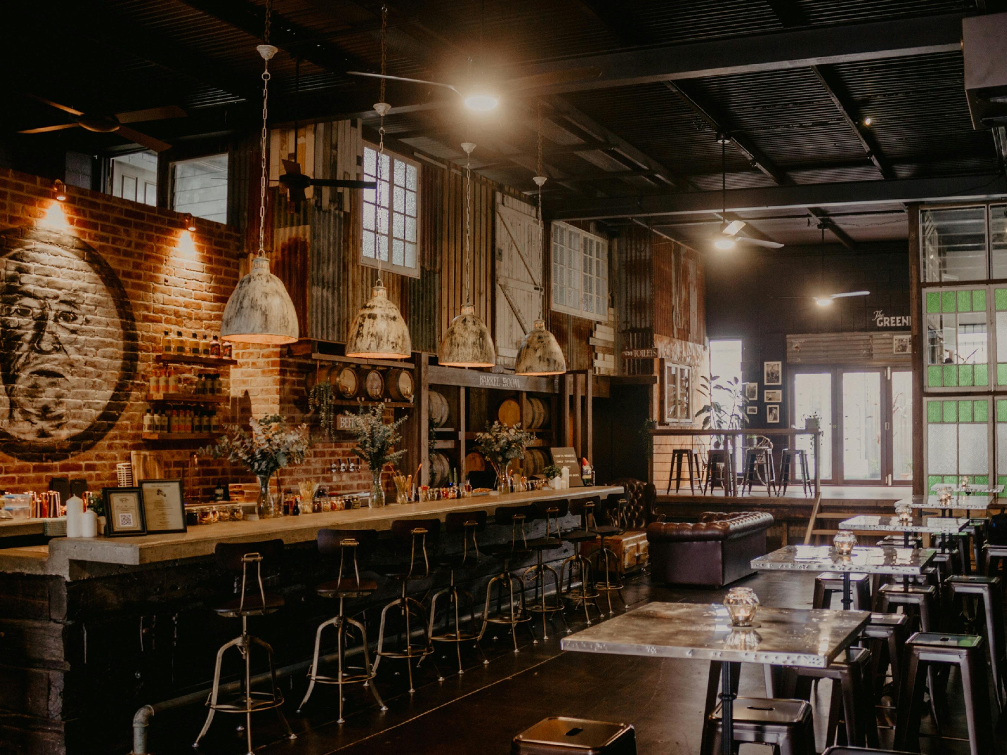 A photo of the Brisbane distillery bar and view of the venue.