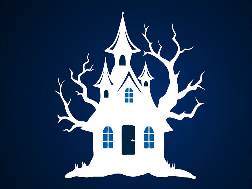 Illustration of a white house with a turret and tree branches behind on a dark blue background