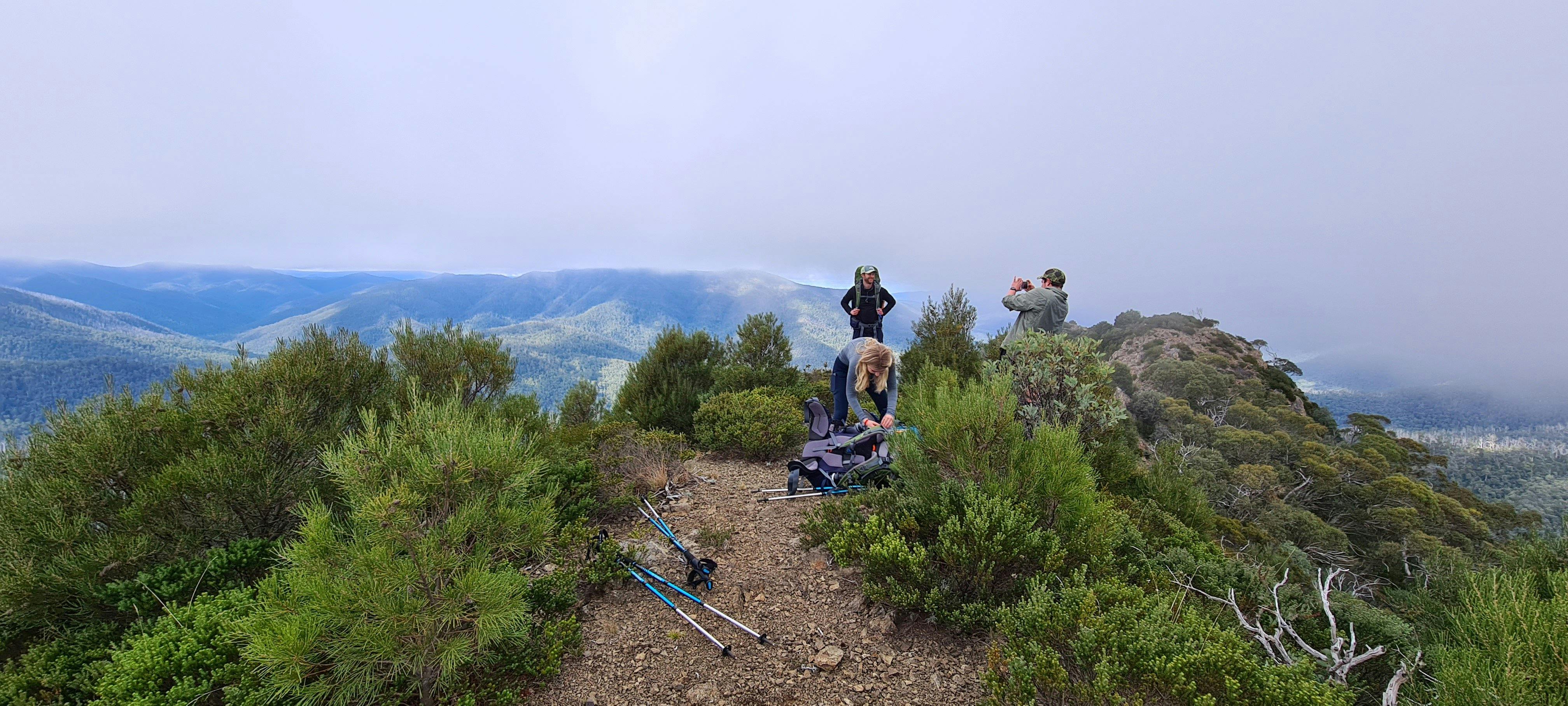 A small group of hikers taking photos from the summit.