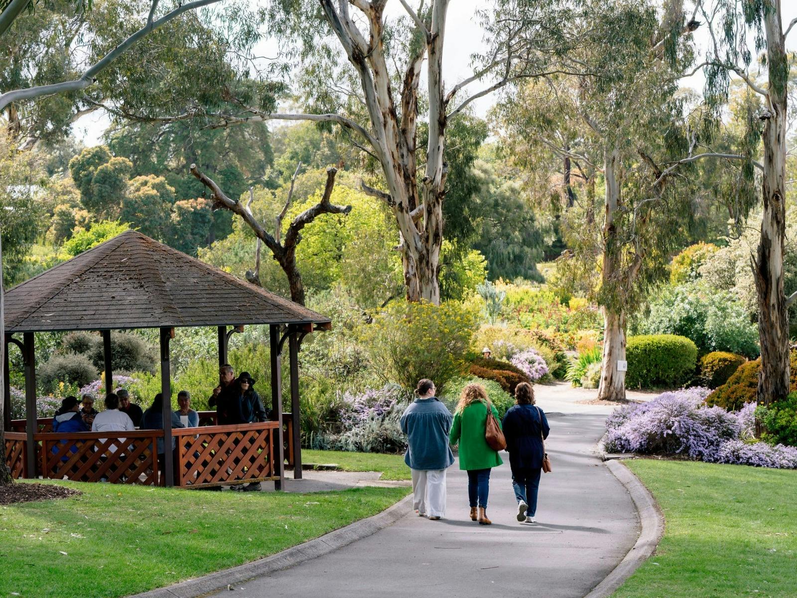 Gazebos through the garden provide places for year-round picnics or shade.