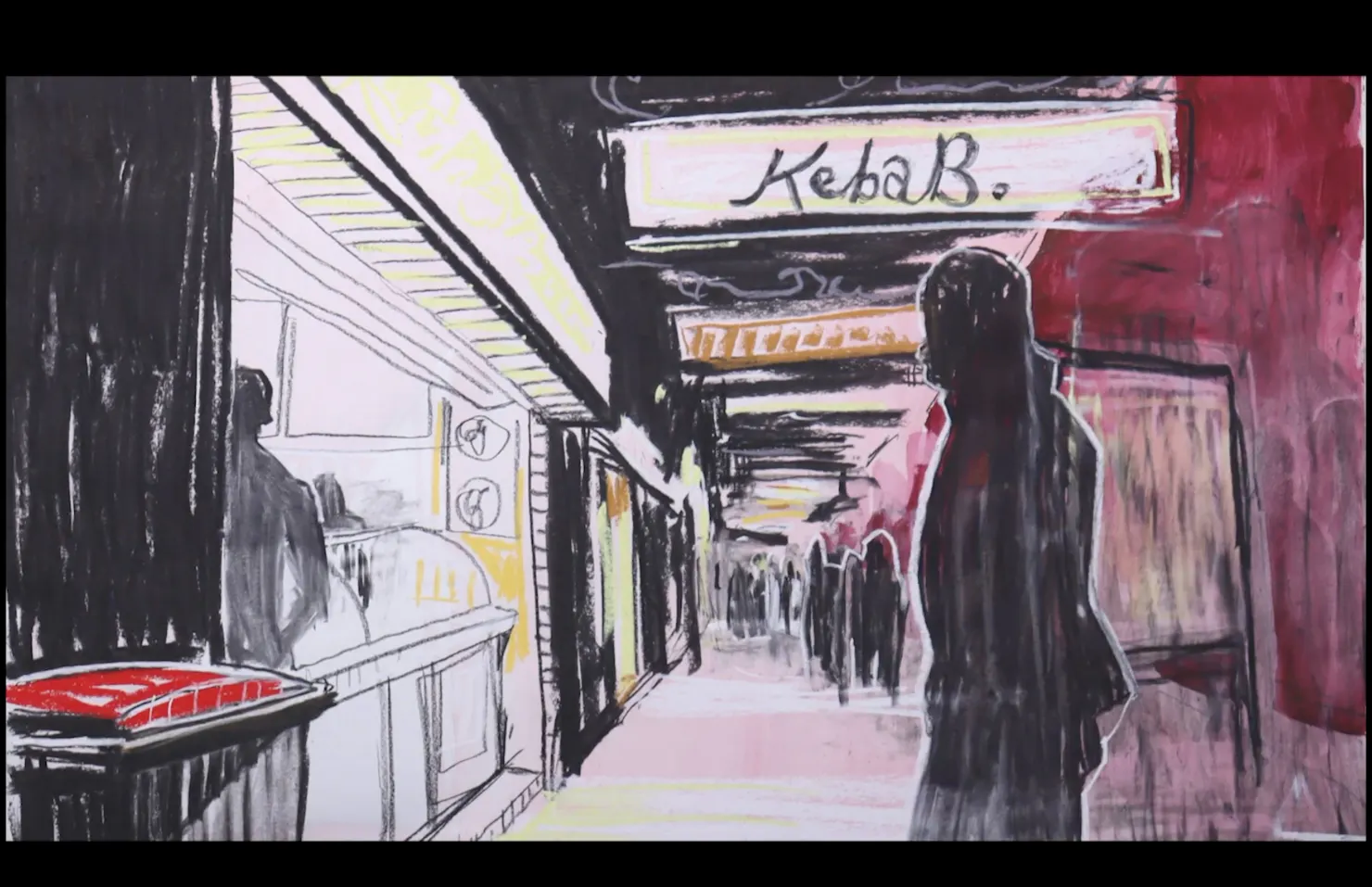 Drawing of figures outside a kebab shop