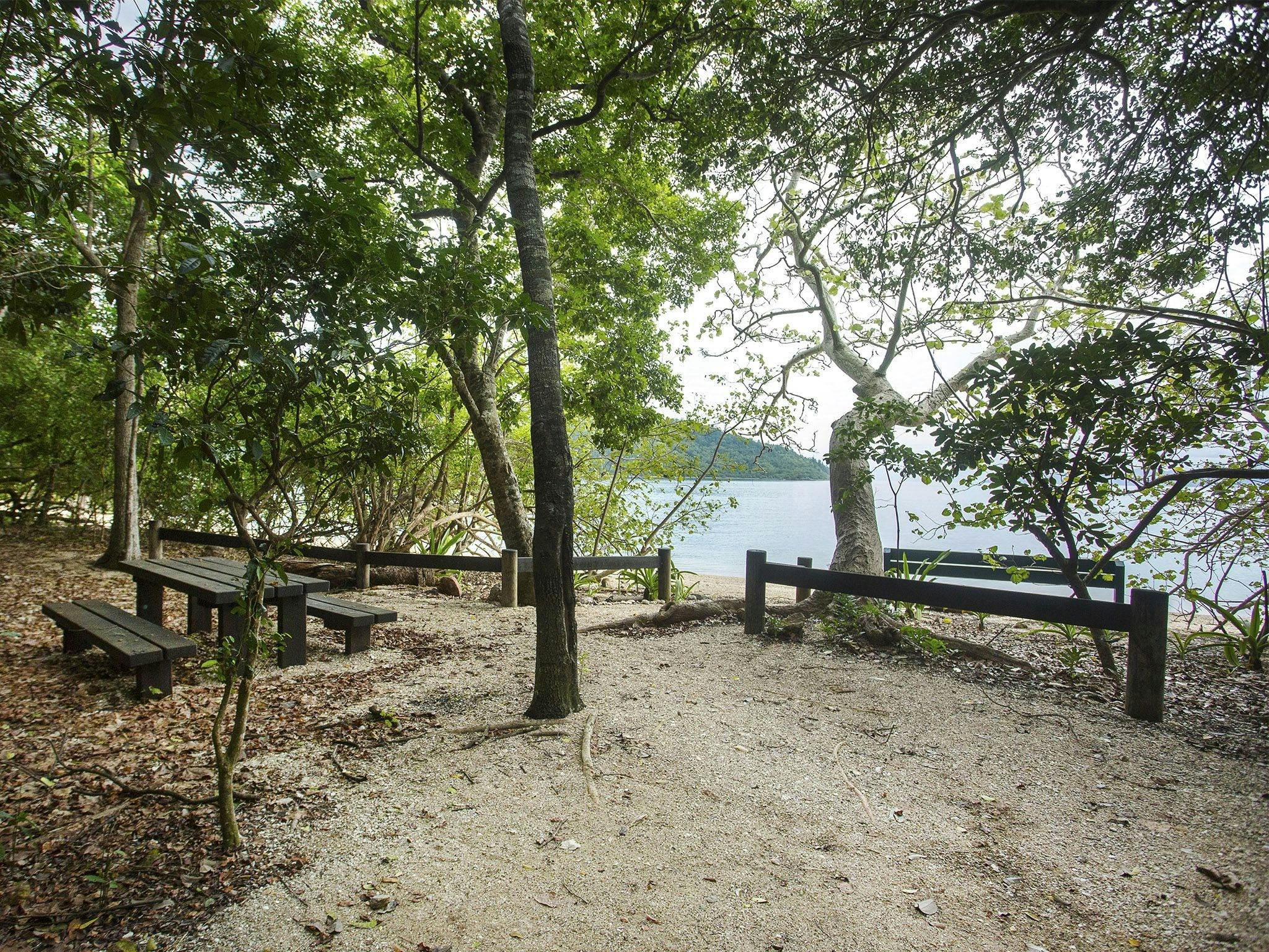 View to outdoor picnic area near Nari's Beach under the trees overlooking to the beach View to outdoor picnic area near Nari's Beach under the trees overlooking to the beach