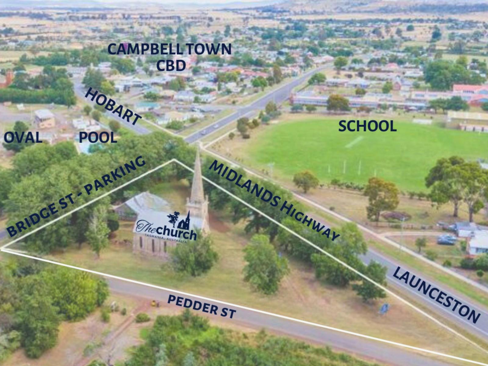 The Church Campbell  Town Tasmania arial view showing location on Midlands Highway