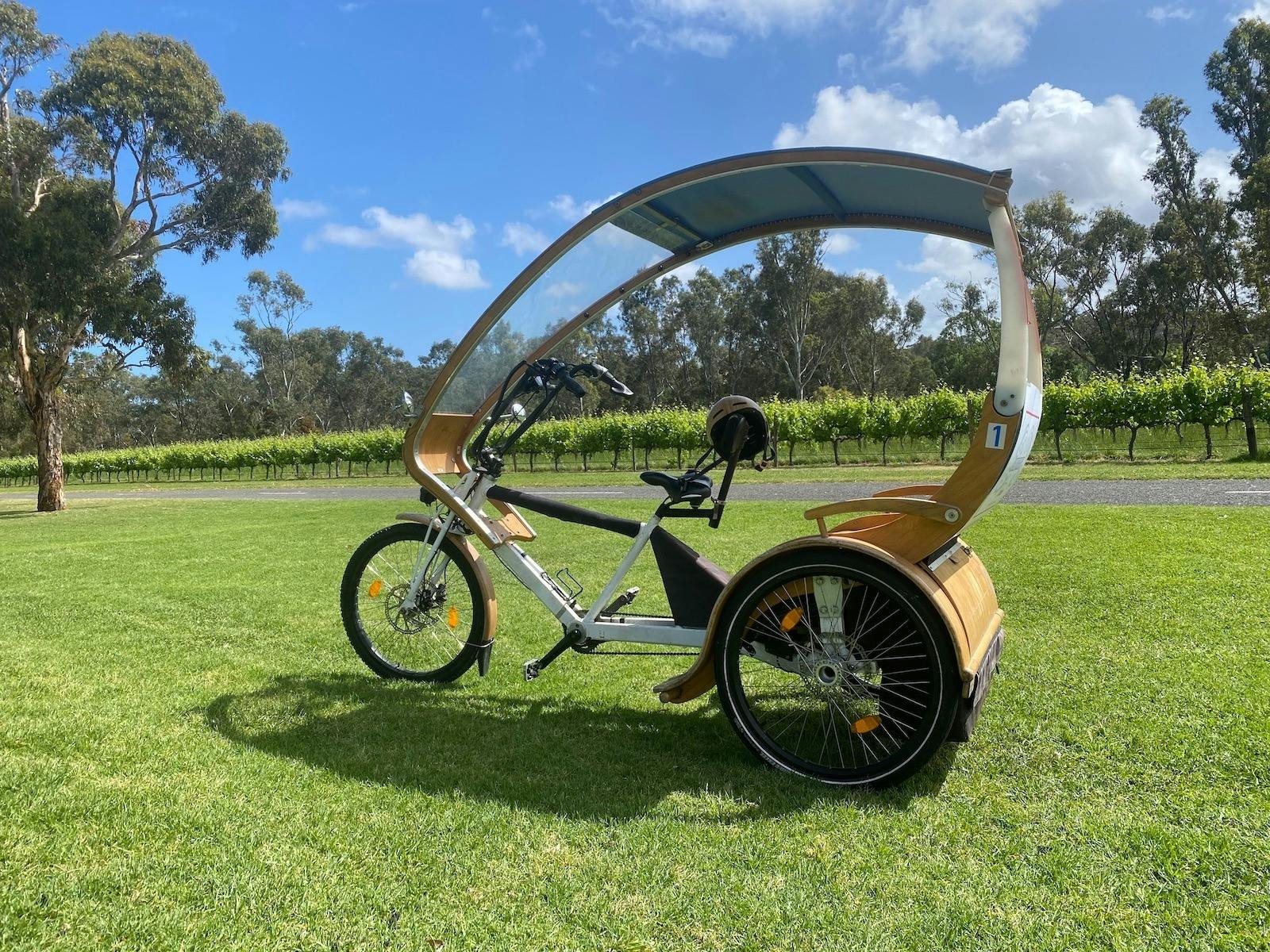SA eBikes | eTukTuk in McLaren Vale on a grassy green lawn.