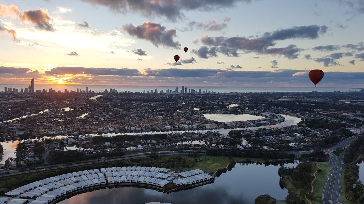 Three Hot Air Balloons flying together on a Scenic Flight over the  Gold Coast
