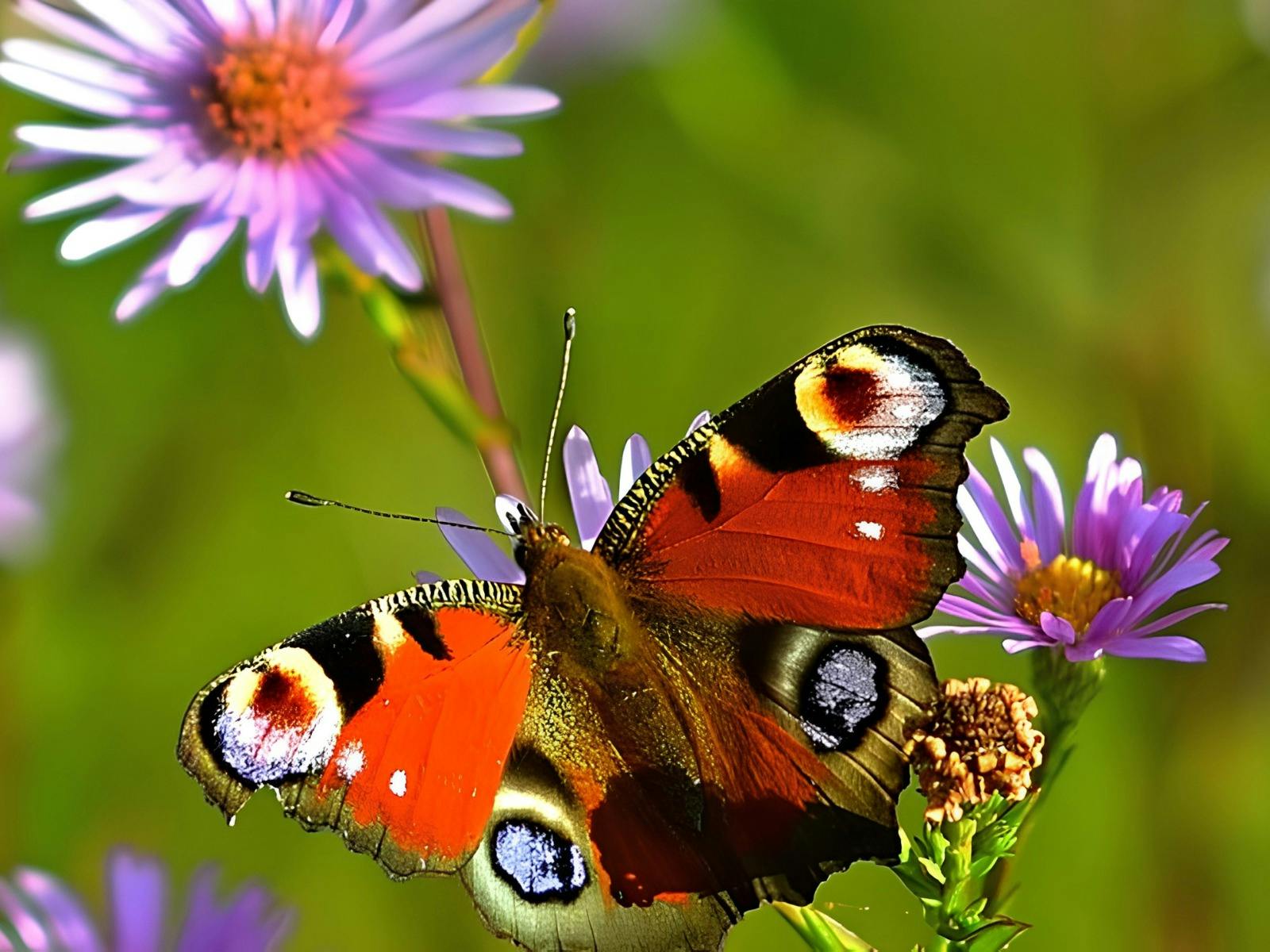 Close-up of a colourful butterfly resting on purple flowers in a garden