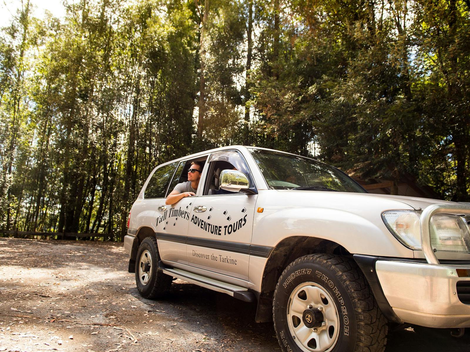 Tall Timbers Adventure Tours 4WD in the Tarkine rainforest with young man looking out of vehicle