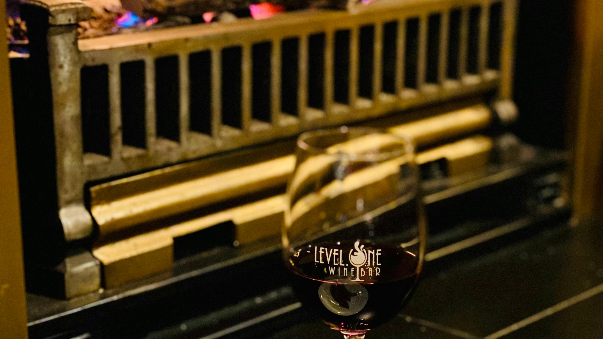 wine glass in front of fire pit