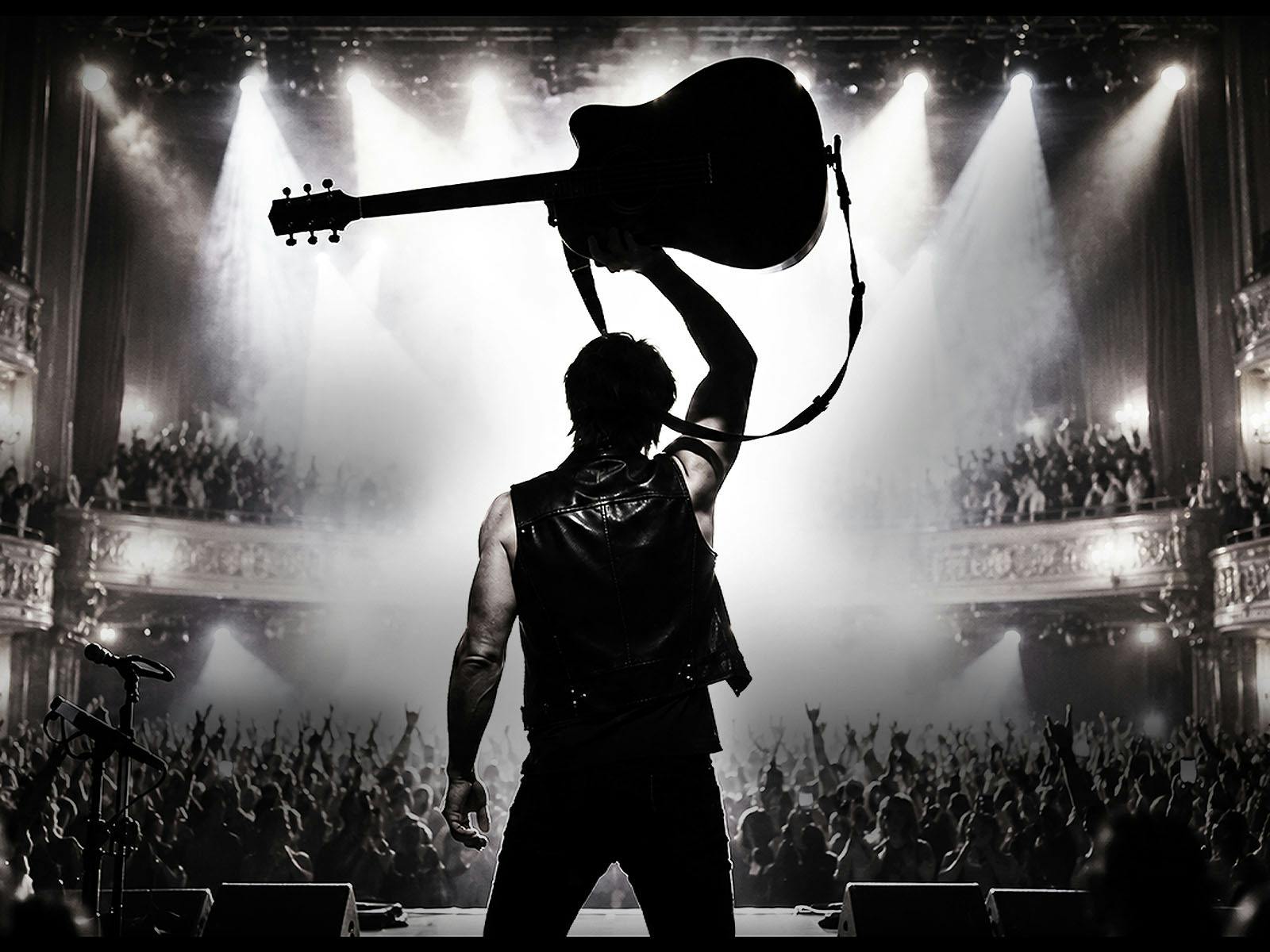 Man Holding A Guitar above his head