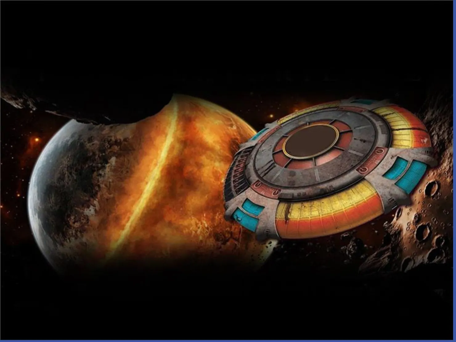 Planet with yellow ring around it and potholed dark planet to right disc space ship  in the middle