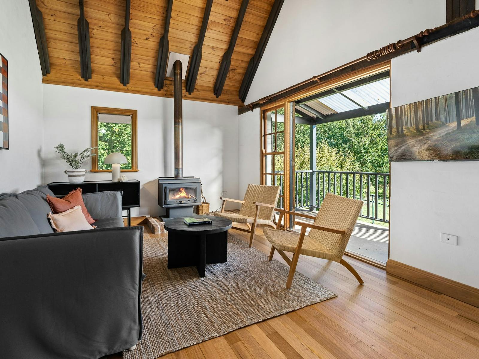 Fire place, large open doors to balcony