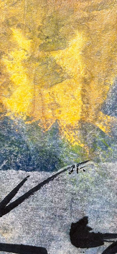 An abstract painting of a landscape.