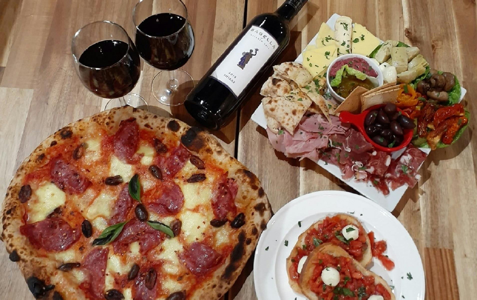 pizza bruschetta antipasto and wine