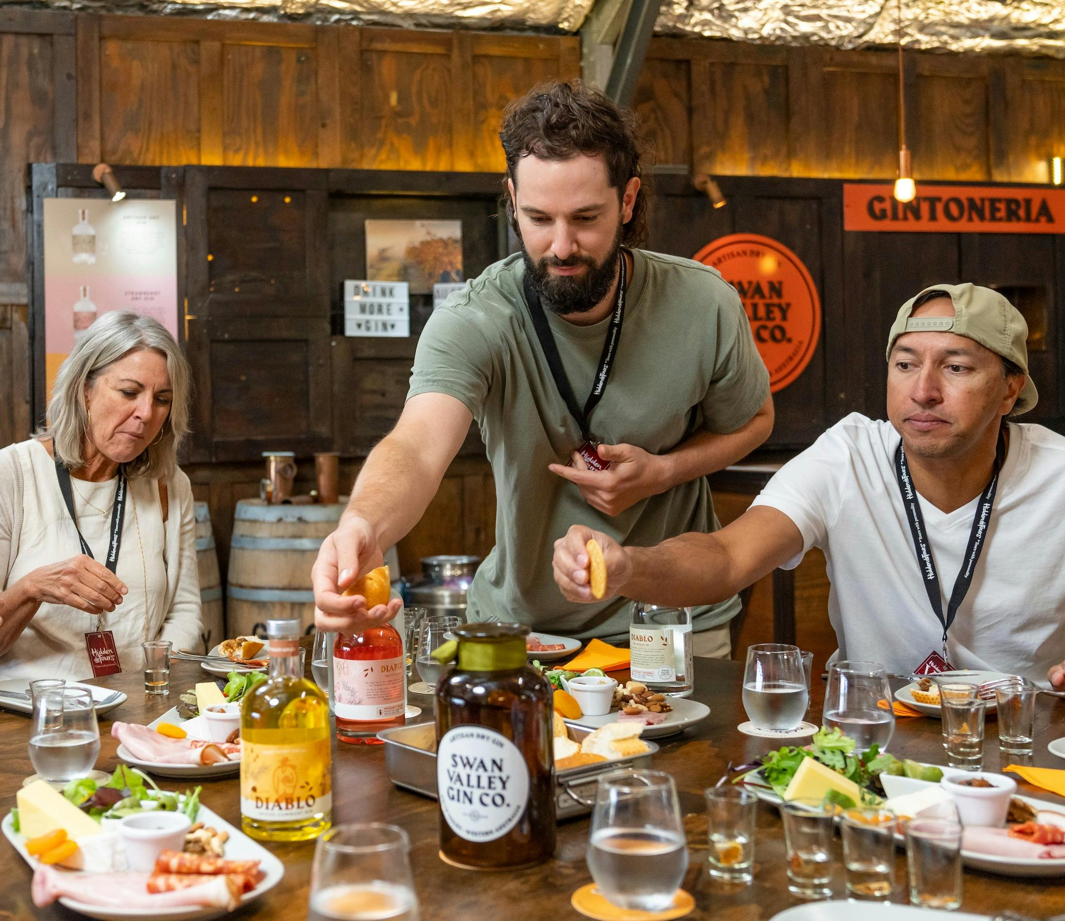 Guests with food and gin