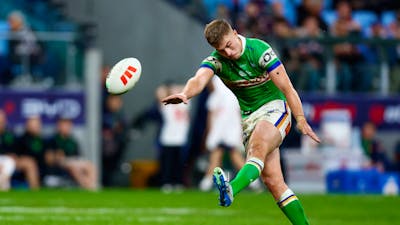 Canberra Raiders player Ethan Sanders kicking a conversion.