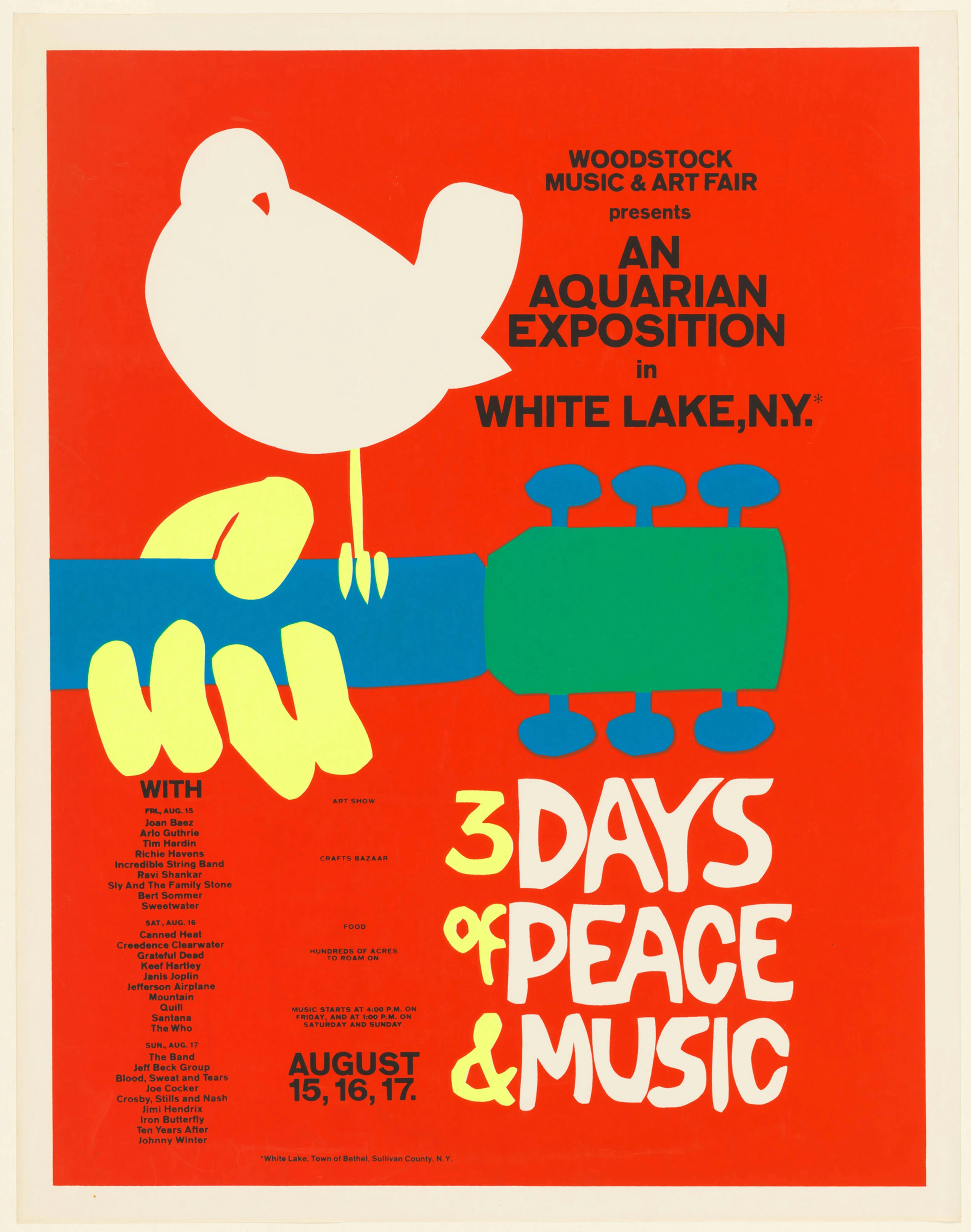 a red background with an illustration of a bird sitting on a guitar fret, promoting Woodstock