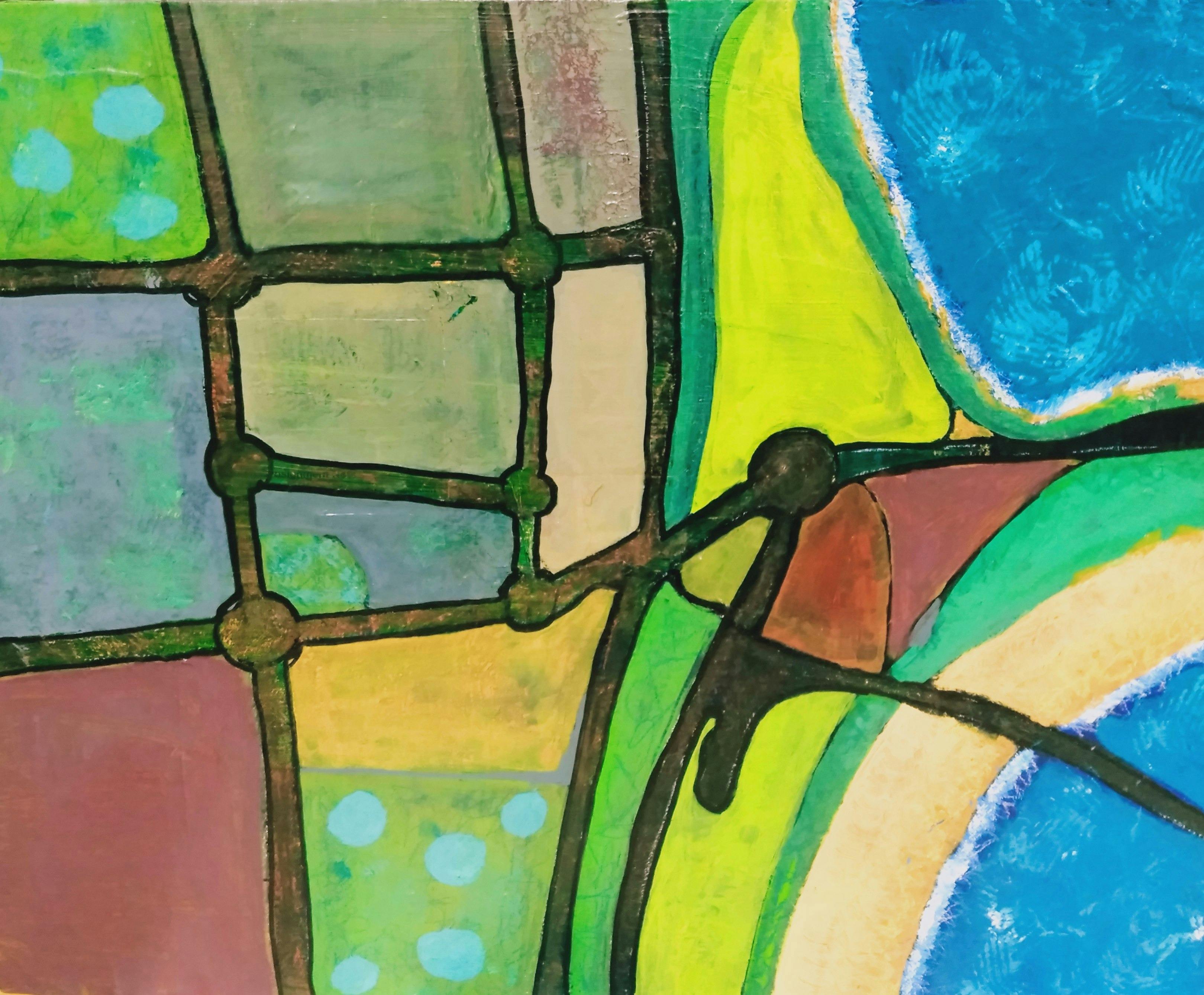 An abstract acrylic painting depicting the view of Coffs Harbour Jetty area from the air