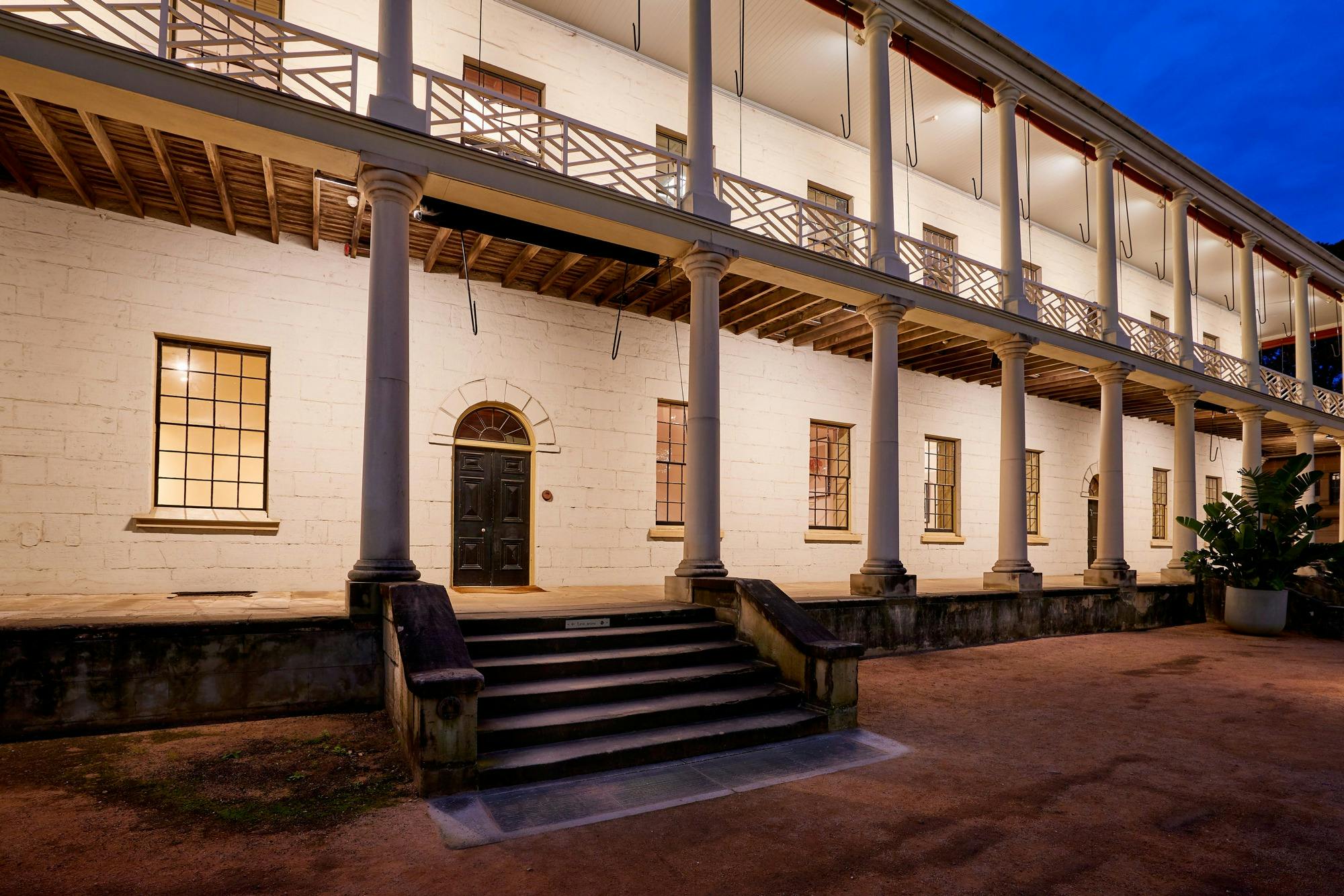 Historic building lit at evening