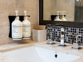 Ink & Water hand wash and lotion, Premium Room bathroom sink, Royal on the Park Hotel Brisbane