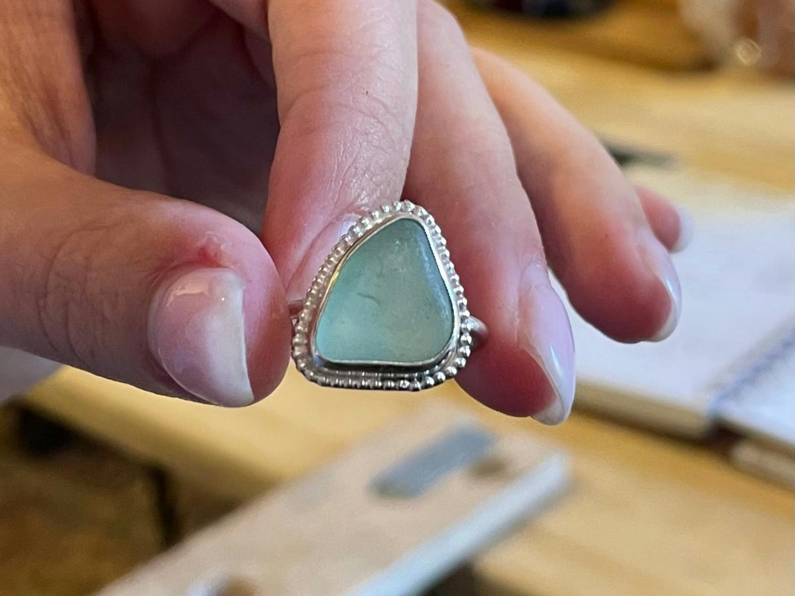 Seaglass ring made at Swales Silver jewellery making workshop