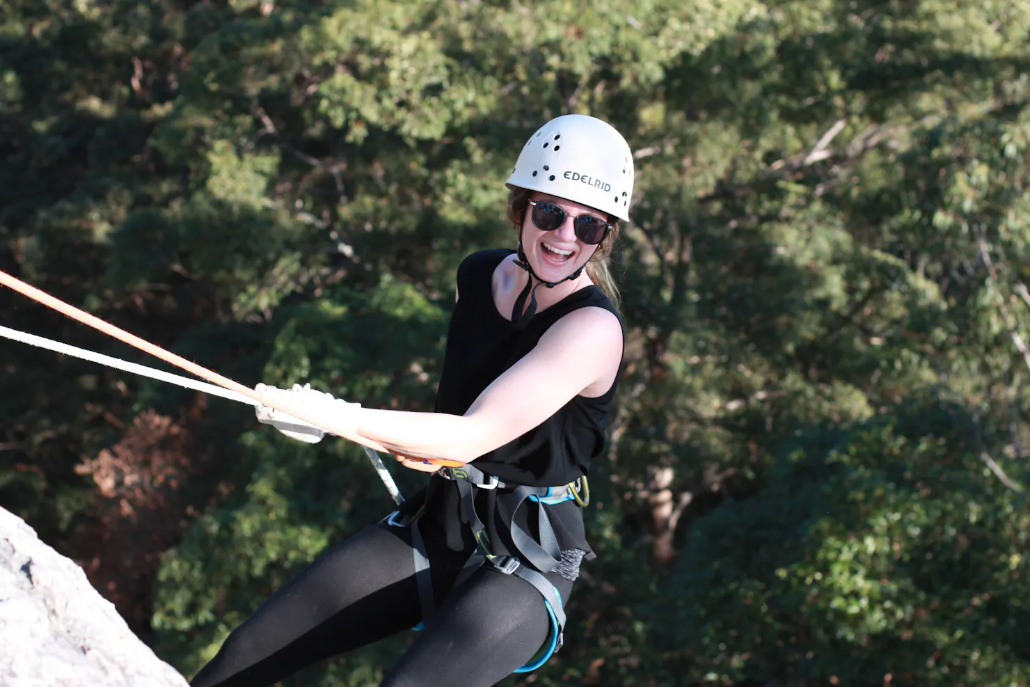 Having fun on first abseil down Mt Tinbeerwah