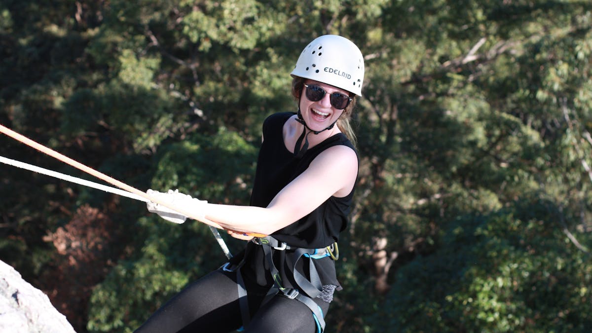 Having fun on first abseil down Mt Tinbeerwah