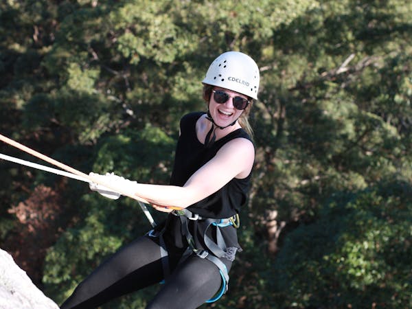 Having fun on first abseil down Mt Tinbeerwah