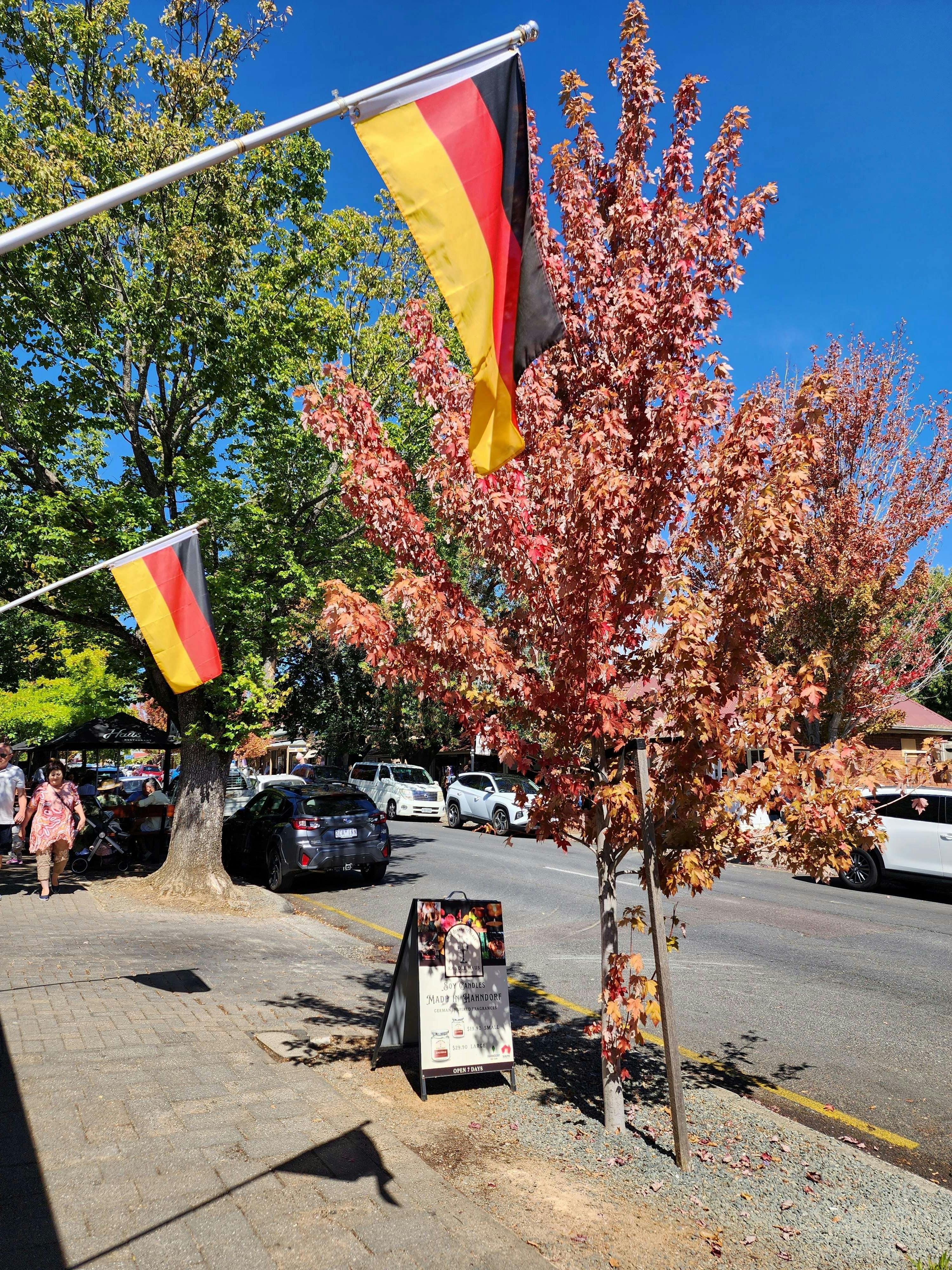 German flags flying out front of a shop in the main street of Hahndorf