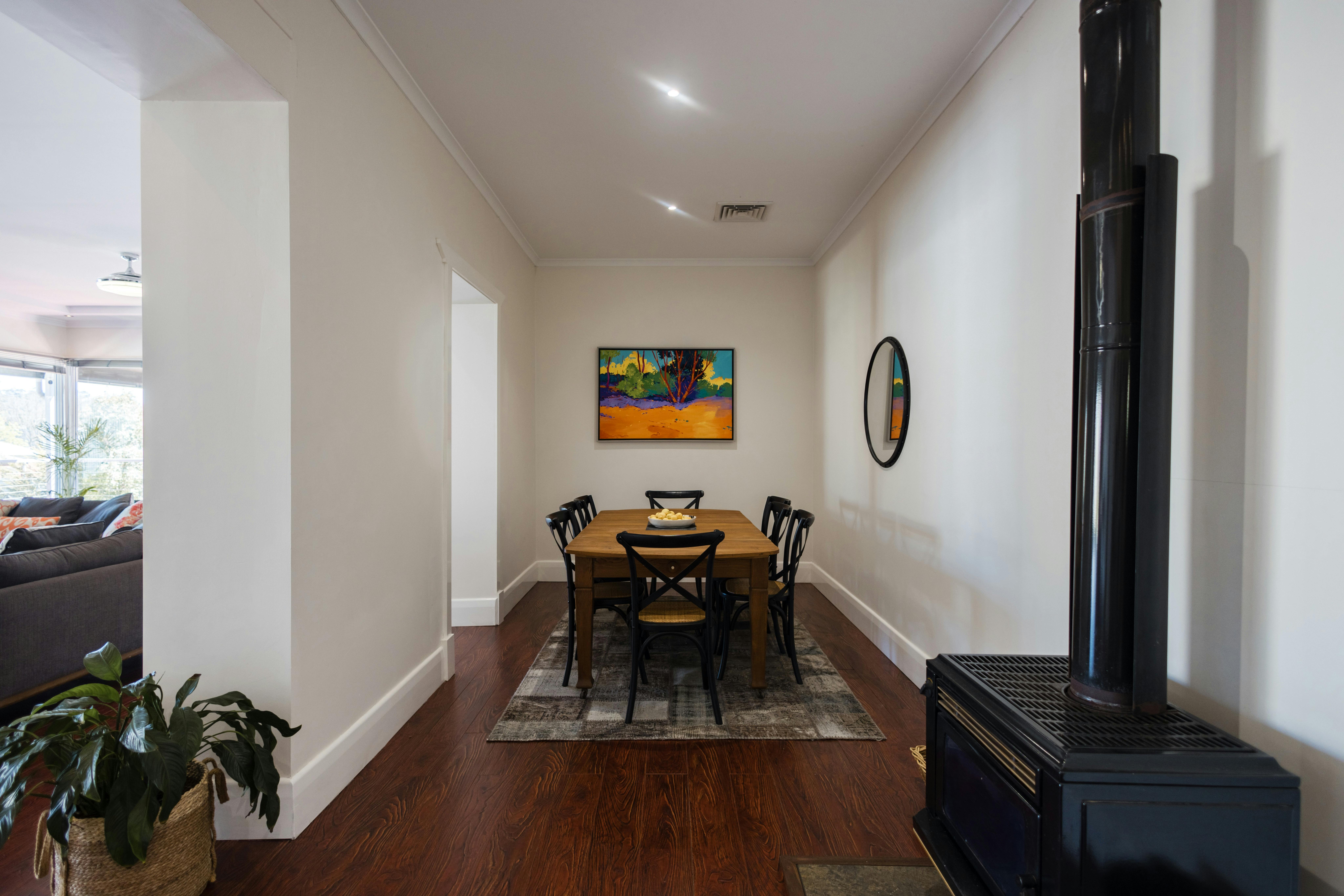 more private indoor dining space with the ambience of a wood fire
