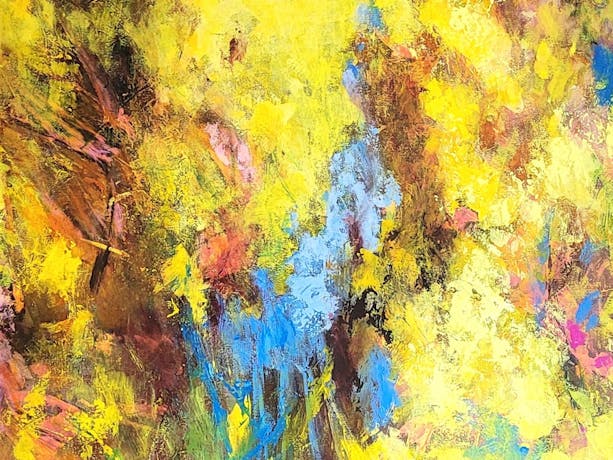 An abstract expressionism painting on canvas portraying colours of vibrant yellow, blue and pink.
