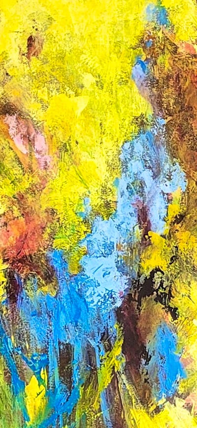 An abstract expressionism painting on canvas portraying colours of vibrant yellow, blue and pink.
