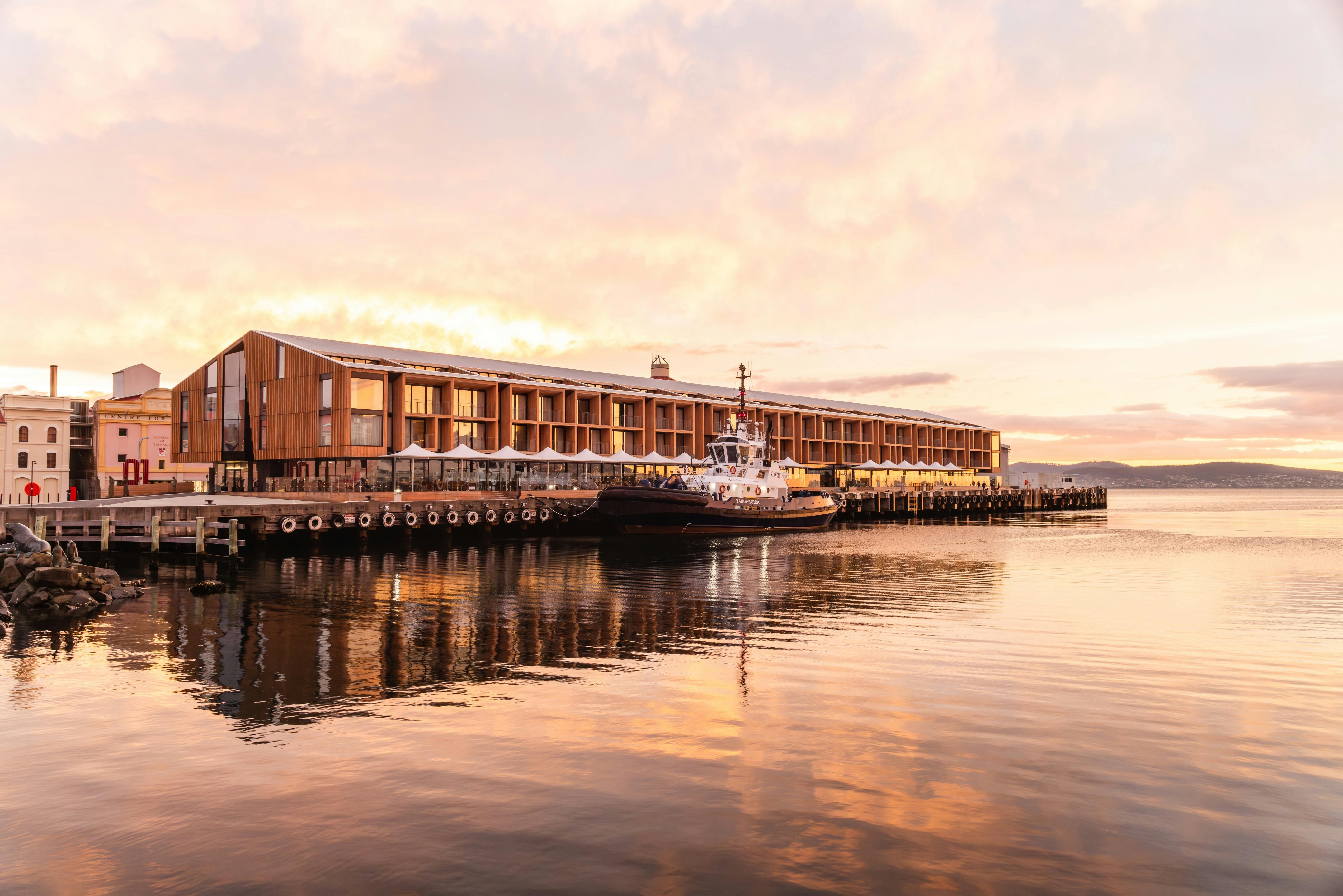 MACq01 building on Hobart waterfront at sunset