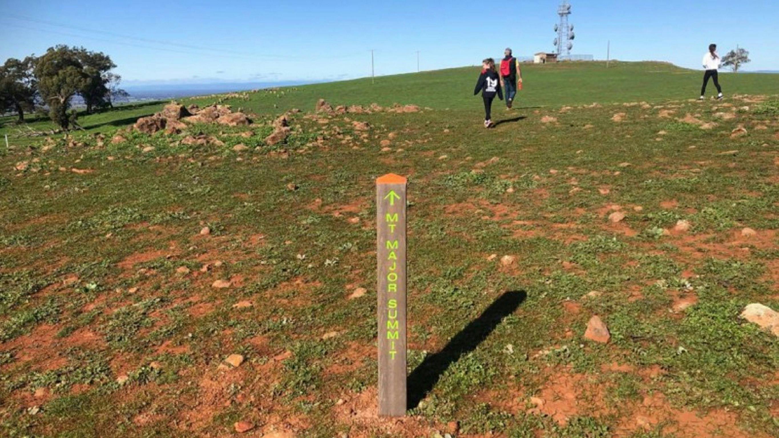 Trail signage pointing towards the summit of Mount Major.
