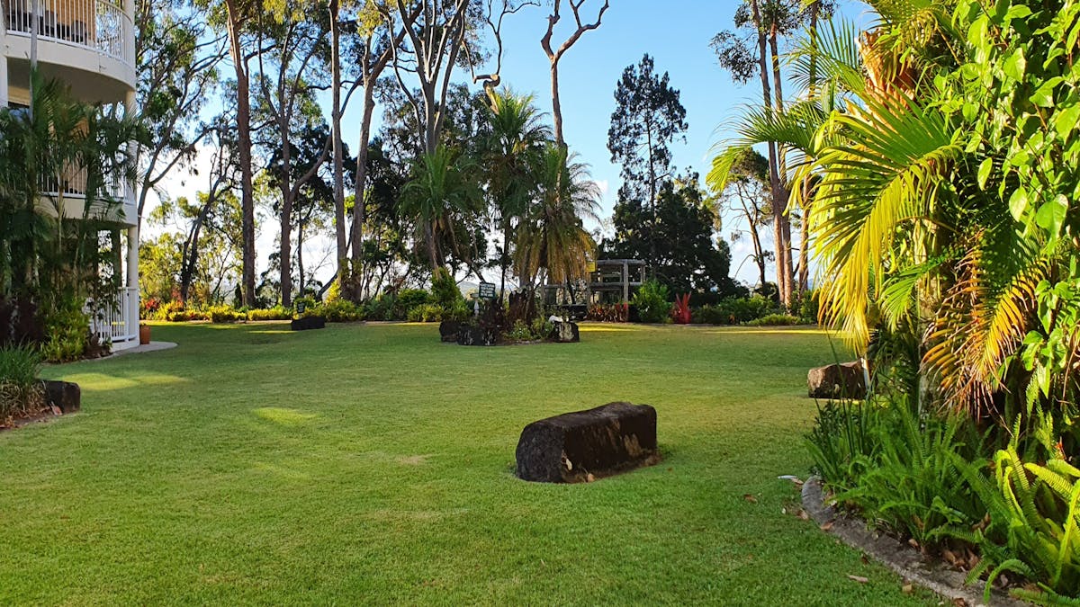 large lawn area which leads to small beach at Macquarie Lodge Noosa