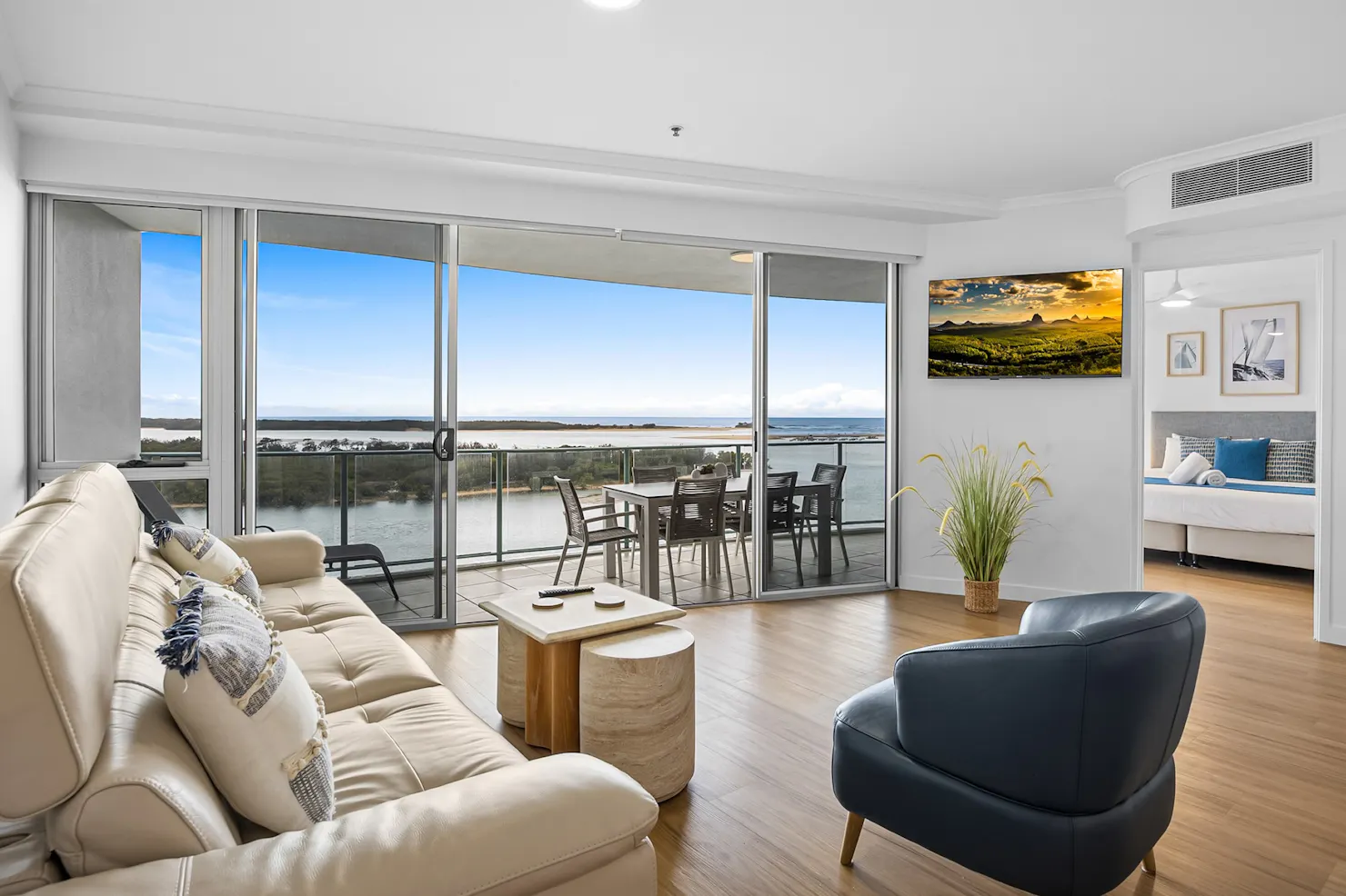 Spectacular river view from living area of Waterfront Escape Premium 2 Bedroom on Maroochy River